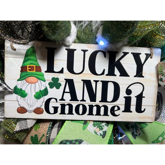 Handmade St. Patrick’s Day Lucky and Gnome it Ribbon Prelit Wreath 22 in LED W15 - Picture 6 of 12